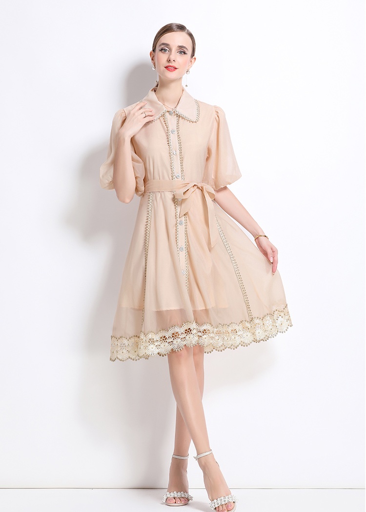Summer stitching lace retro lapel single-breasted dress