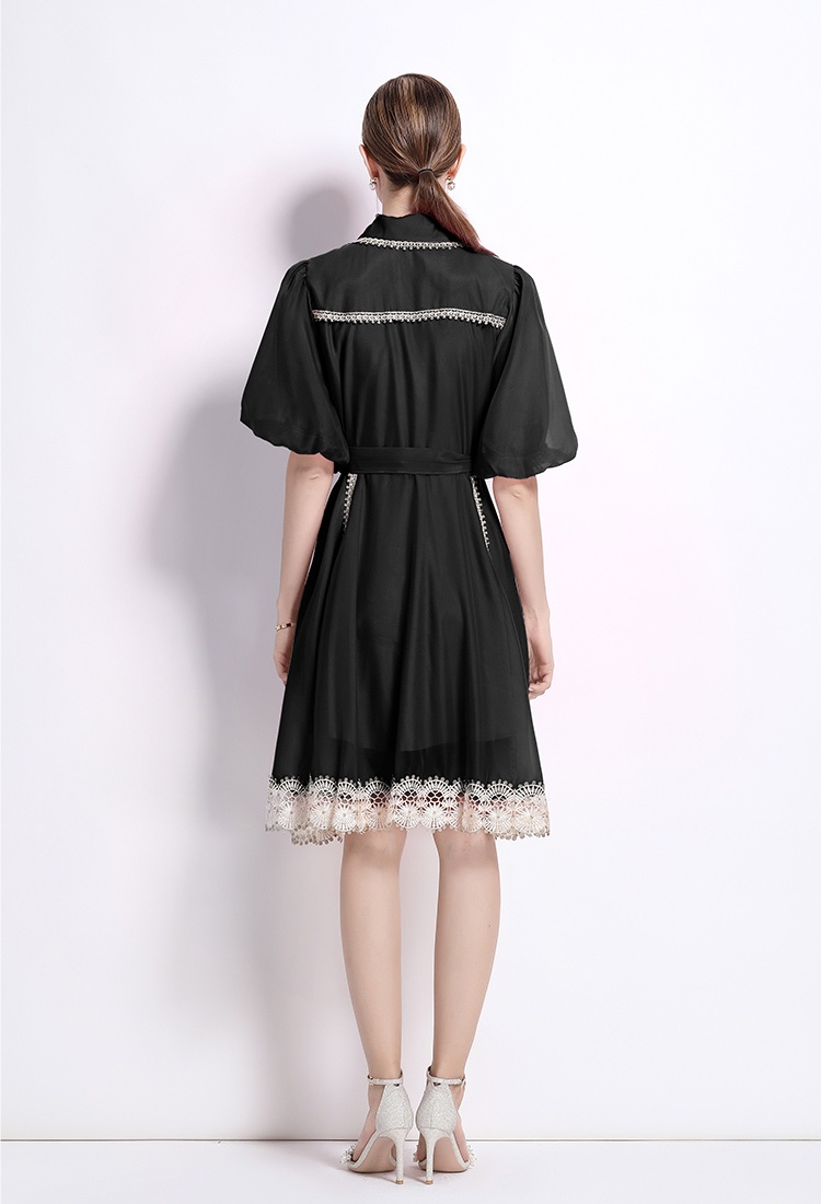 Summer stitching lace retro lapel single-breasted dress