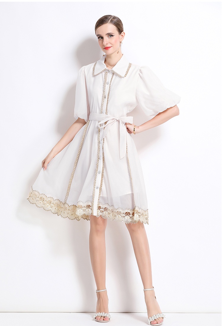 Summer stitching lace retro lapel single-breasted dress