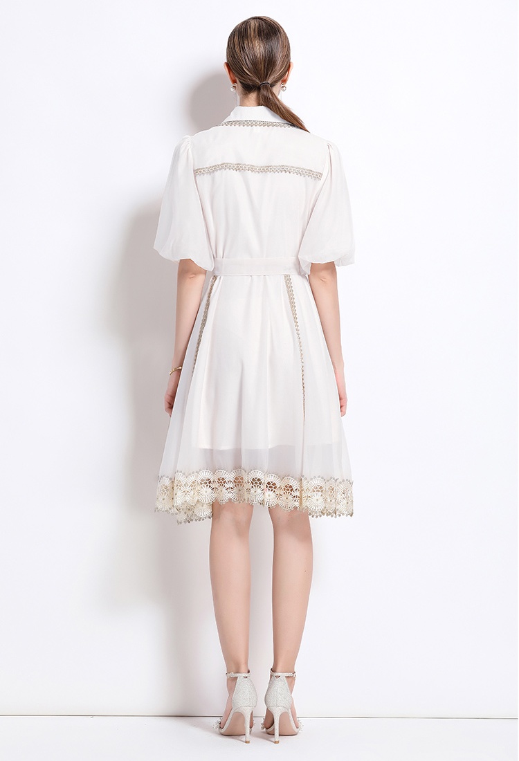 Summer stitching lace retro lapel single-breasted dress