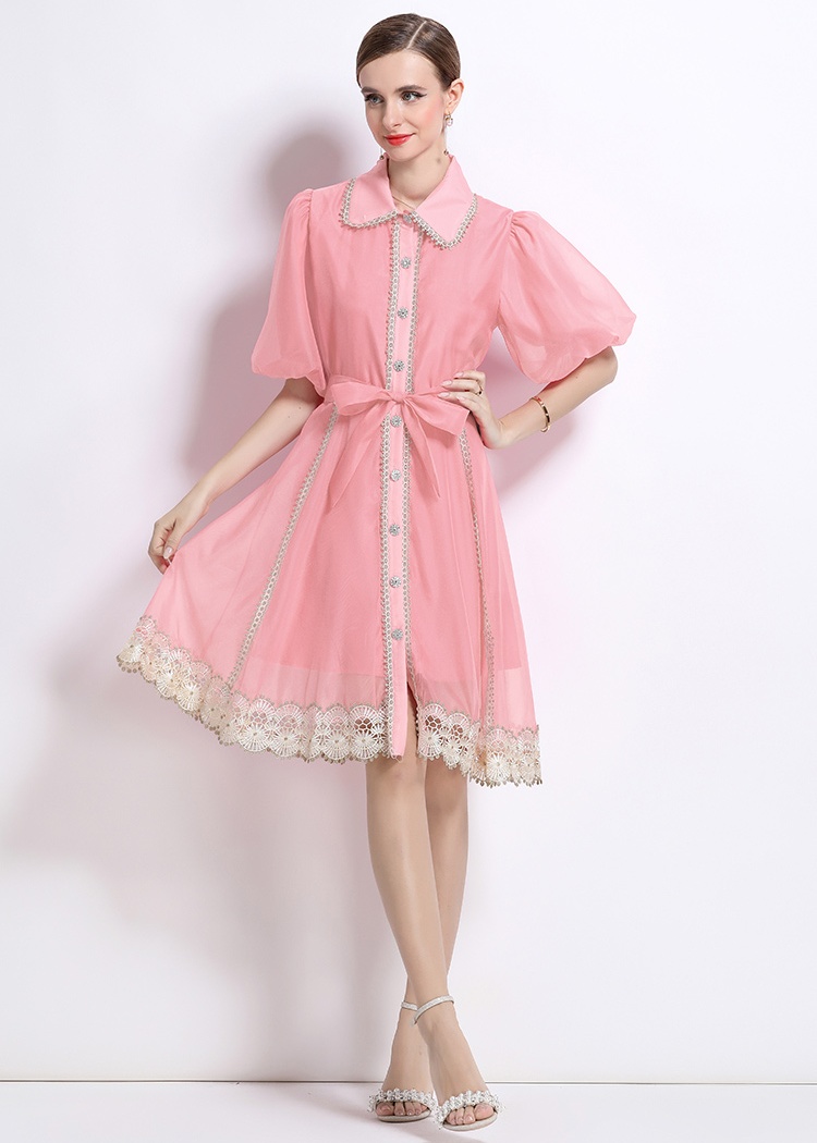 Summer stitching lace retro lapel single-breasted dress