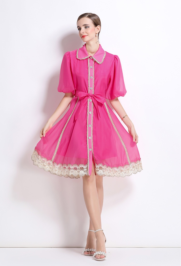 Summer stitching lace retro lapel single-breasted dress