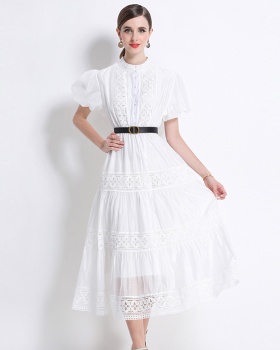 Hollow with belt round neck puff sleeve retro dress