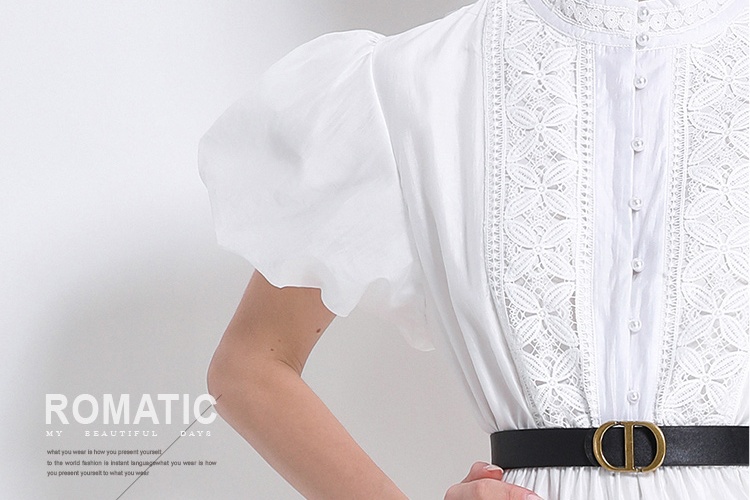 Hollow with belt round neck puff sleeve retro dress