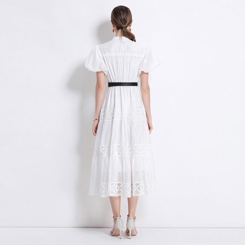 Hollow with belt round neck puff sleeve retro dress