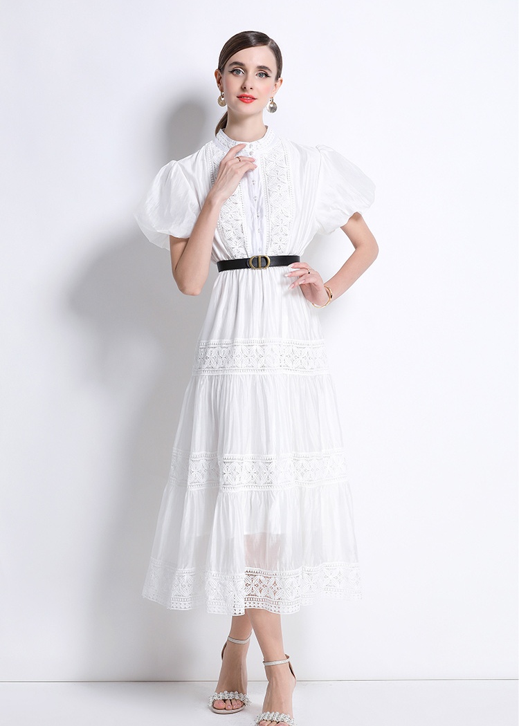Hollow with belt round neck puff sleeve retro dress