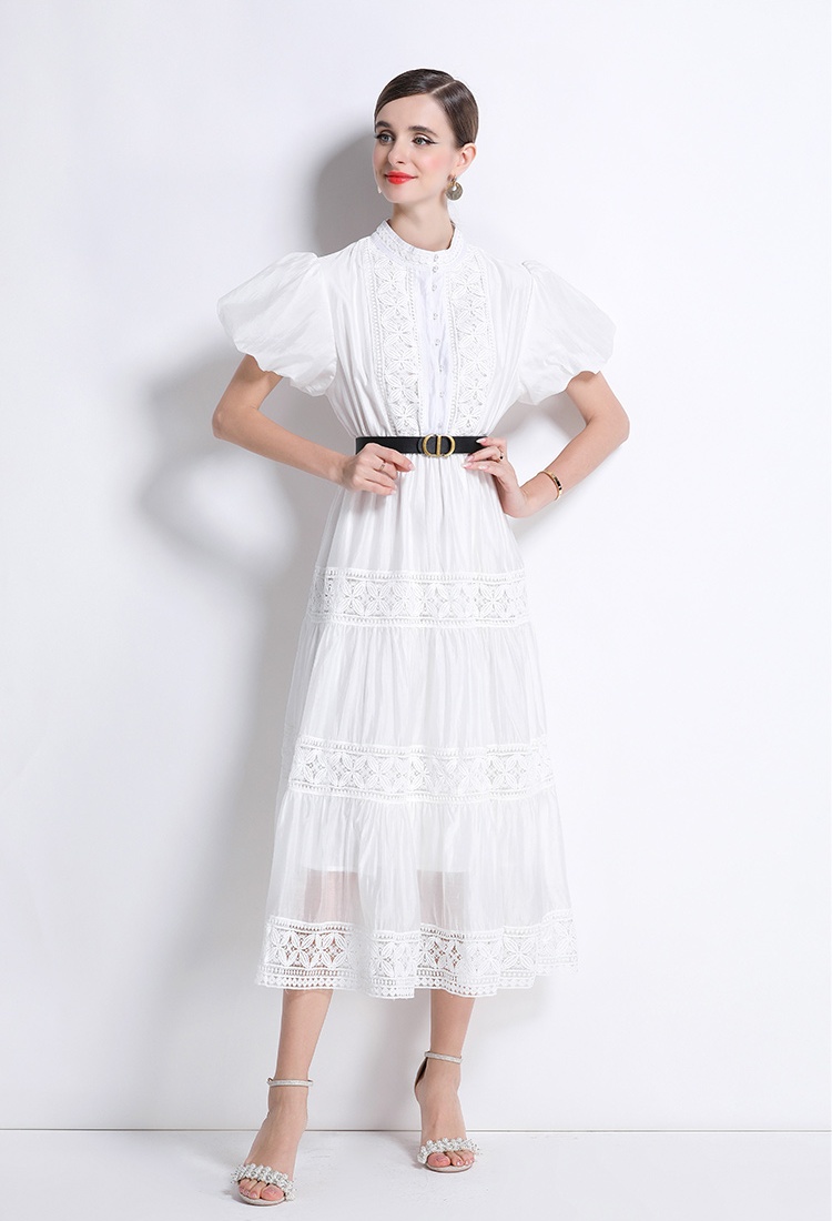 Hollow with belt round neck puff sleeve retro dress