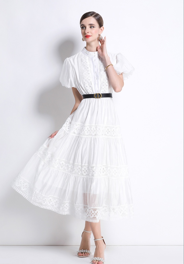 Hollow with belt round neck puff sleeve retro dress