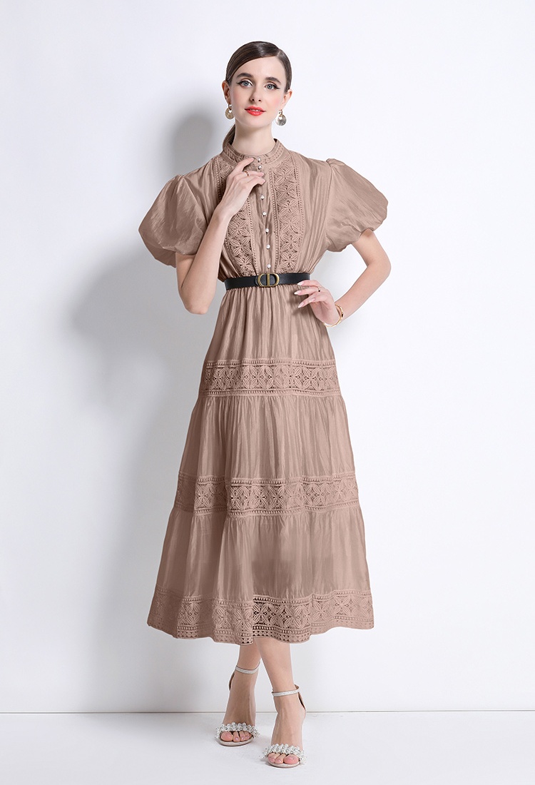 Hollow with belt round neck puff sleeve retro dress