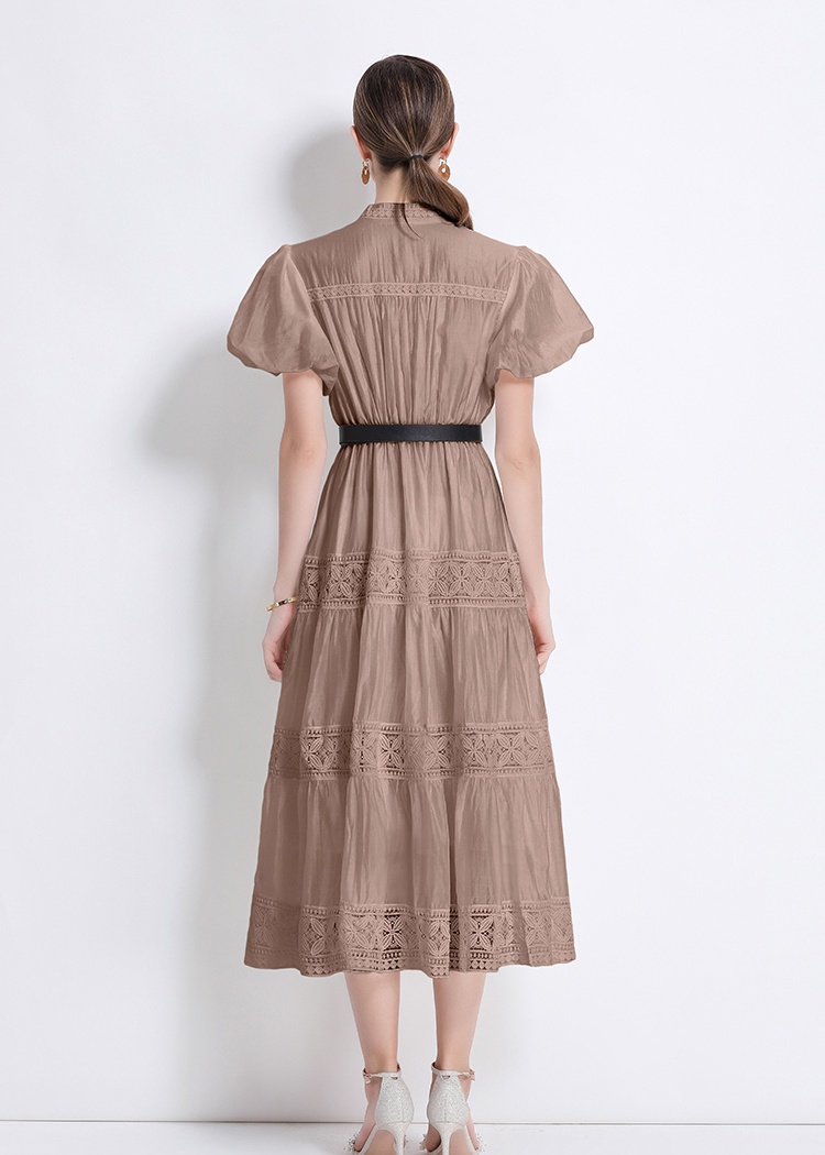 Hollow with belt round neck puff sleeve retro dress