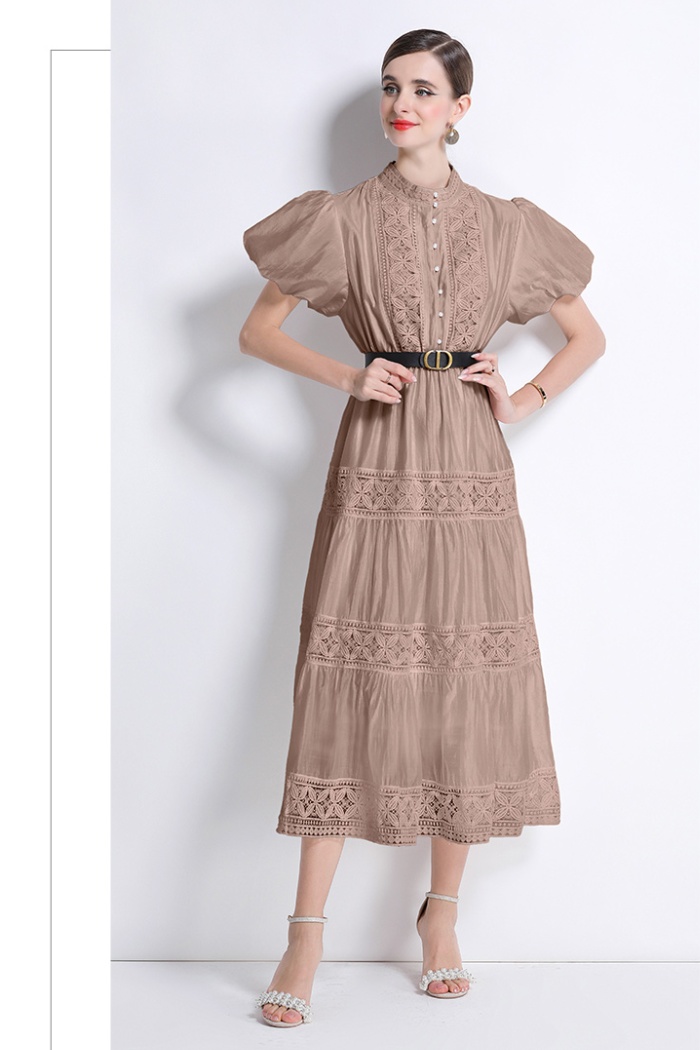 Hollow with belt round neck puff sleeve retro dress
