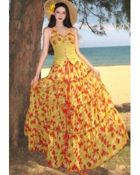 Half vacation sling long skirt floral halter tops a set