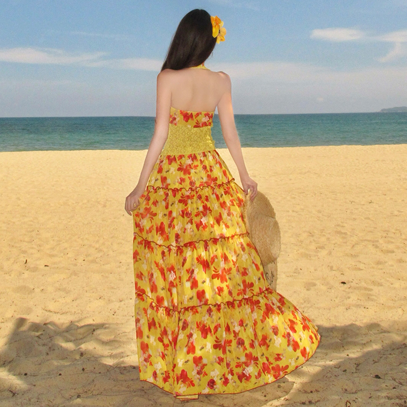 Half vacation sling long skirt floral halter tops a set