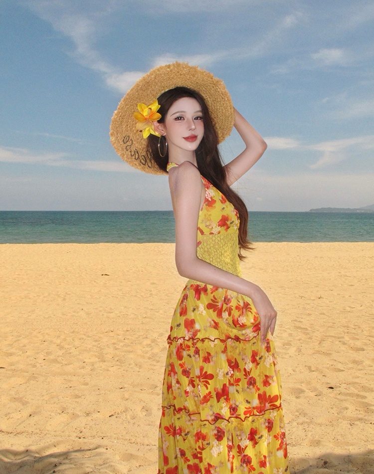 Half vacation sling long skirt floral halter tops a set