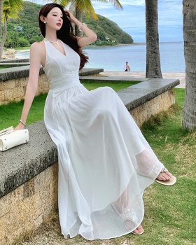 Real silk summer temperament dress halter white long dress