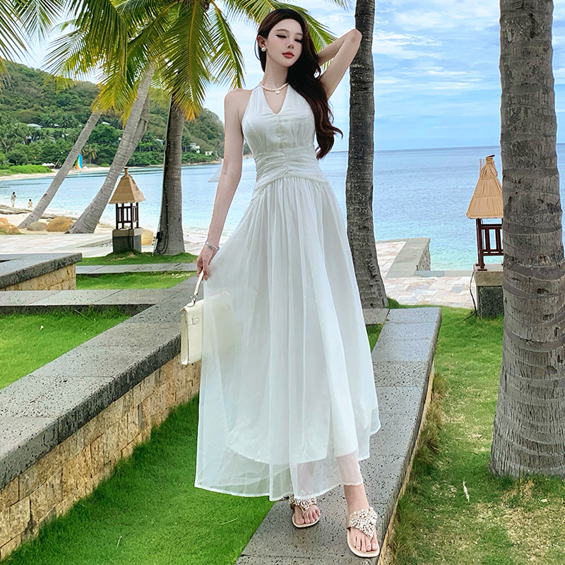 Real silk summer temperament dress halter white long dress
