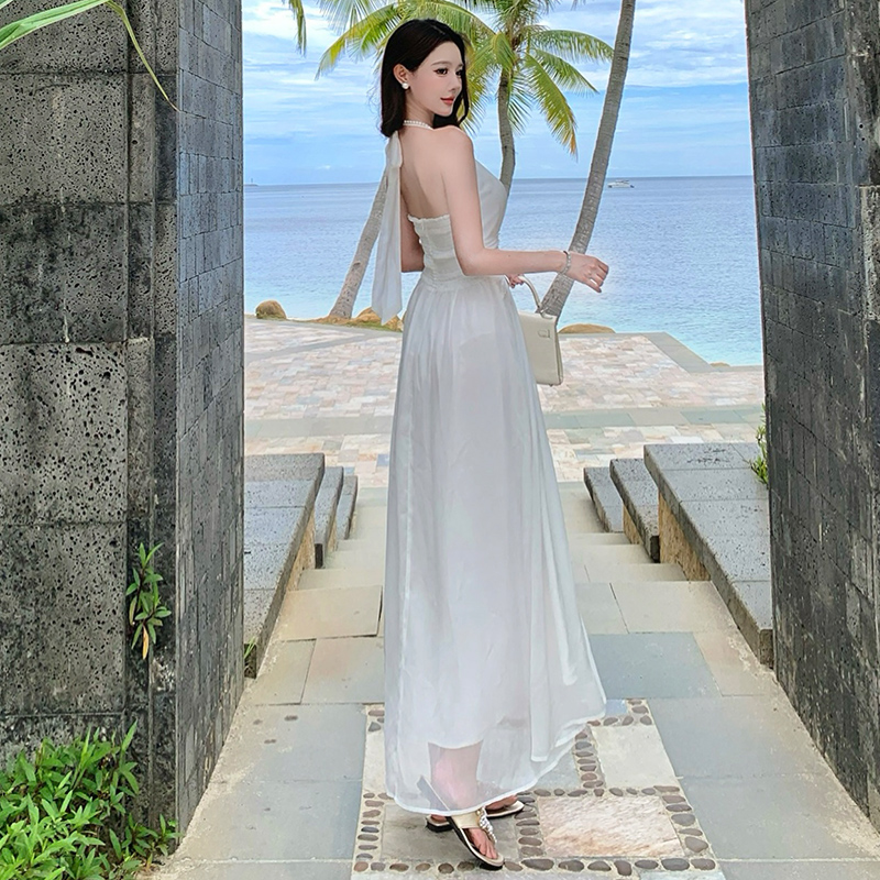 Real silk summer temperament dress halter white long dress