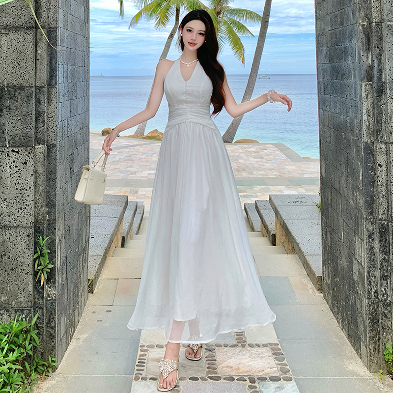 Real silk summer temperament dress halter white long dress