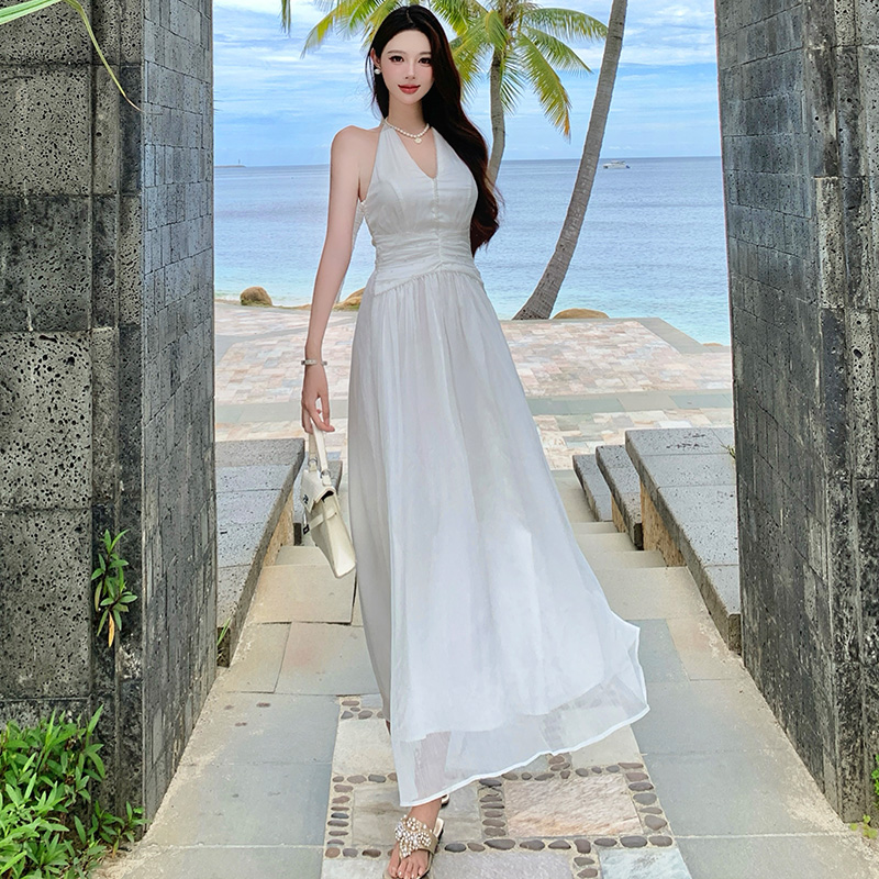Real silk summer temperament dress halter white long dress