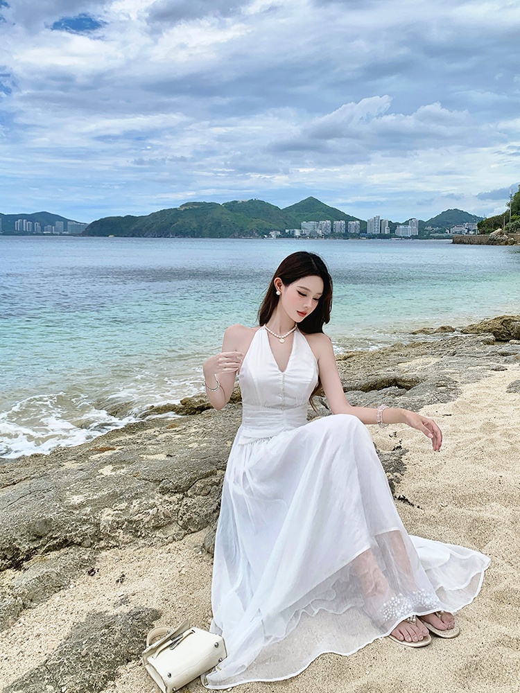 Real silk summer temperament dress halter white long dress