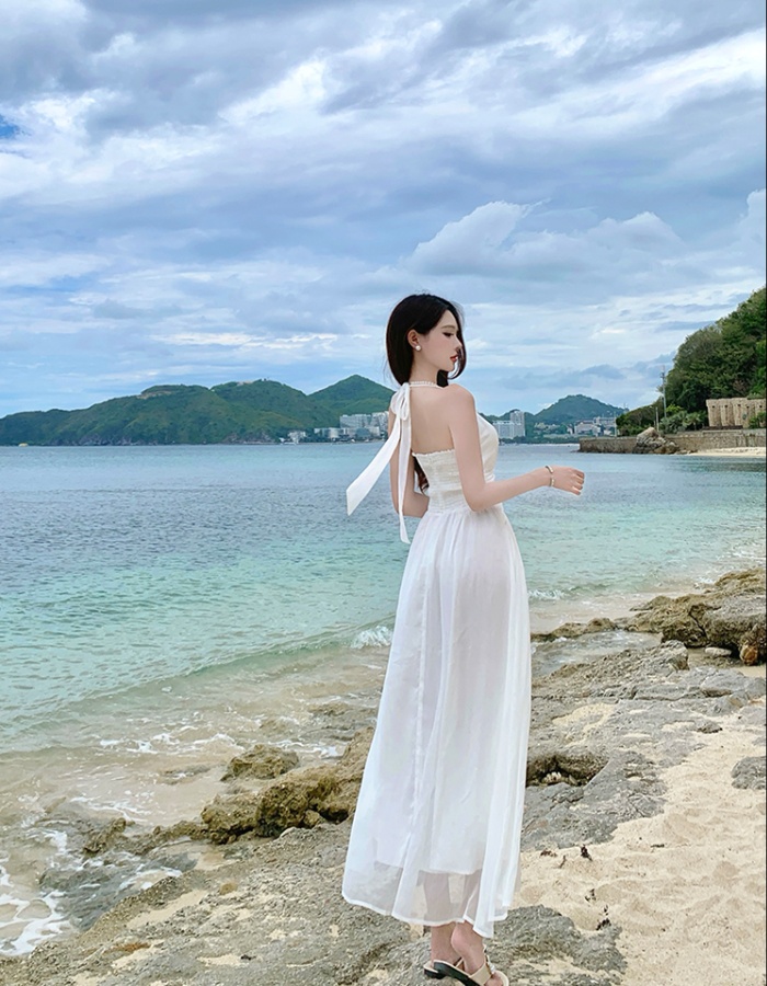Real silk summer temperament dress halter white long dress