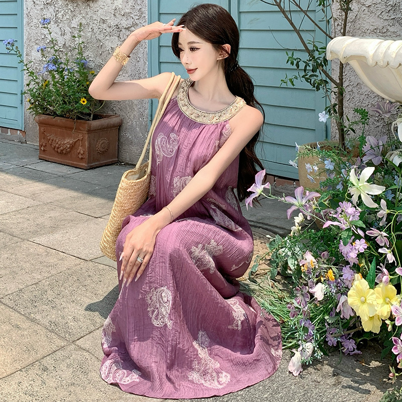 Summer sequins strap dress purple dress for women