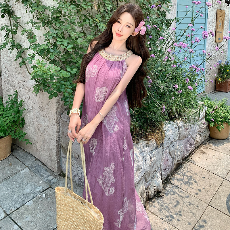 Summer sequins strap dress purple dress for women