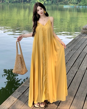 Halter seaside long dress yellow vacation dress