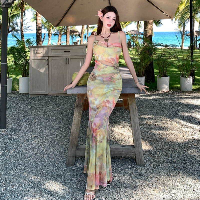Vacation France style long dress package hip dress for women