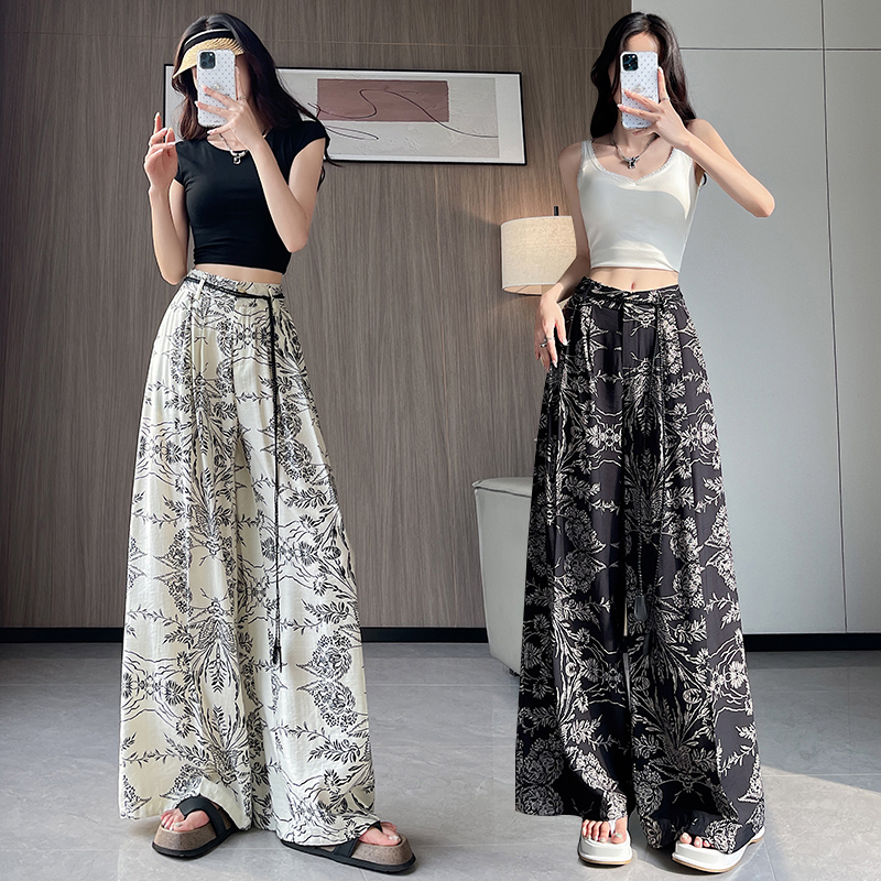 Flax ice silk retro wide leg pants lazy summer pants for women