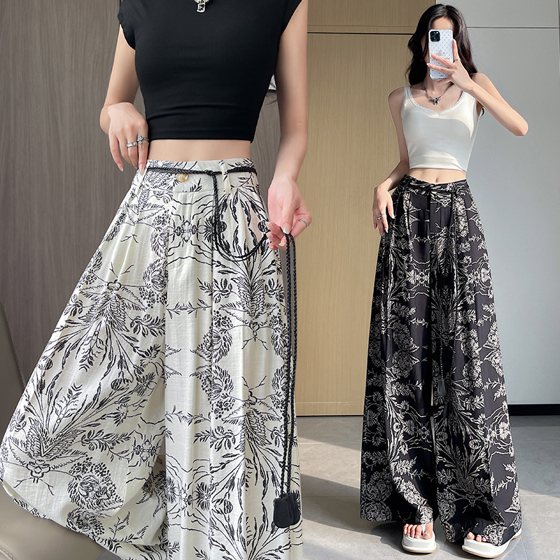 Flax ice silk retro wide leg pants lazy summer pants for women