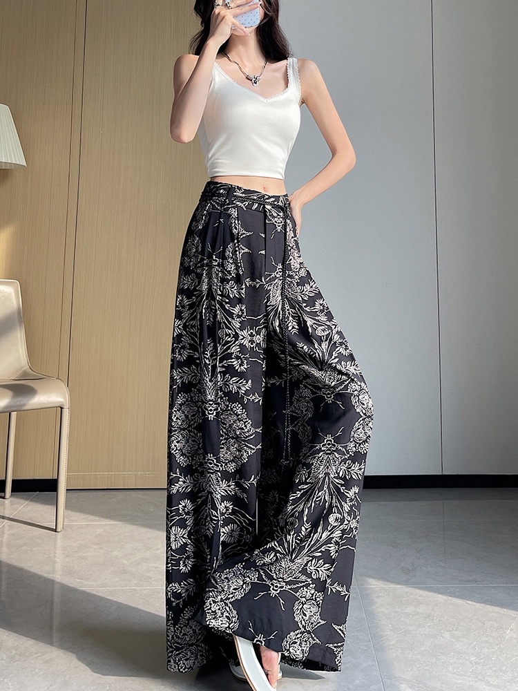 Flax ice silk retro wide leg pants lazy summer pants for women
