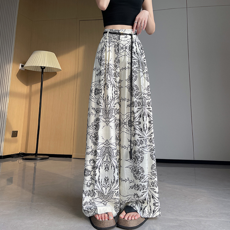 Flax ice silk retro wide leg pants lazy summer pants for women