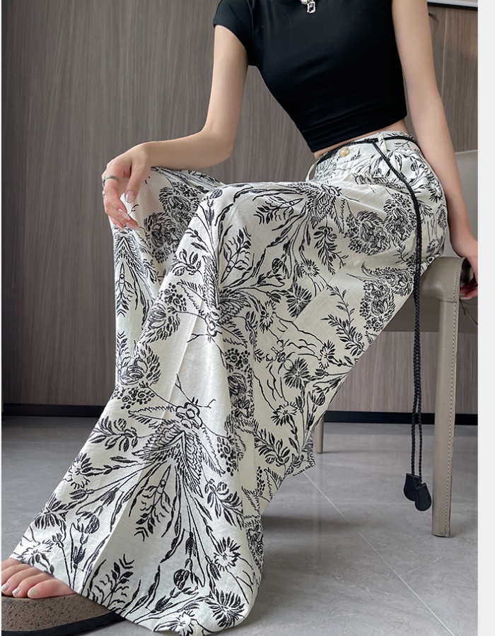 Flax ice silk retro wide leg pants lazy summer pants for women