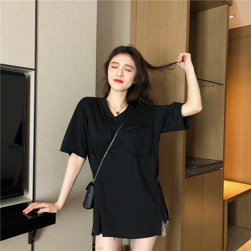 Lazy pure tops split T-shirt for women
