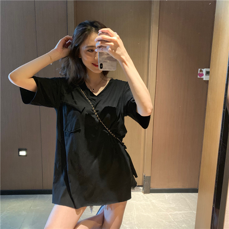Lazy pure tops split T-shirt for women
