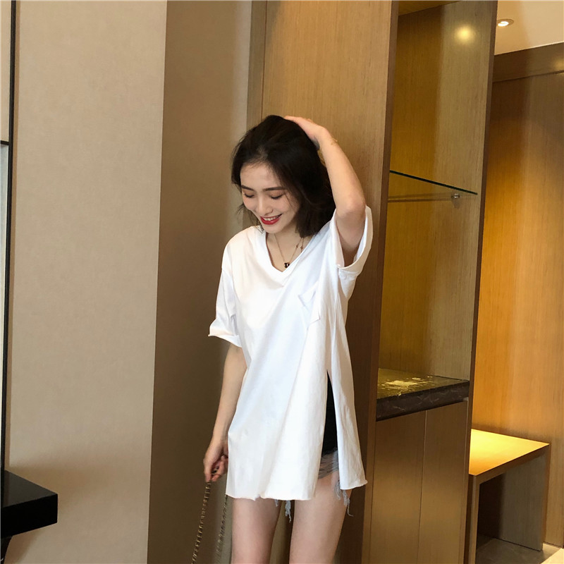 Lazy pure tops split T-shirt for women