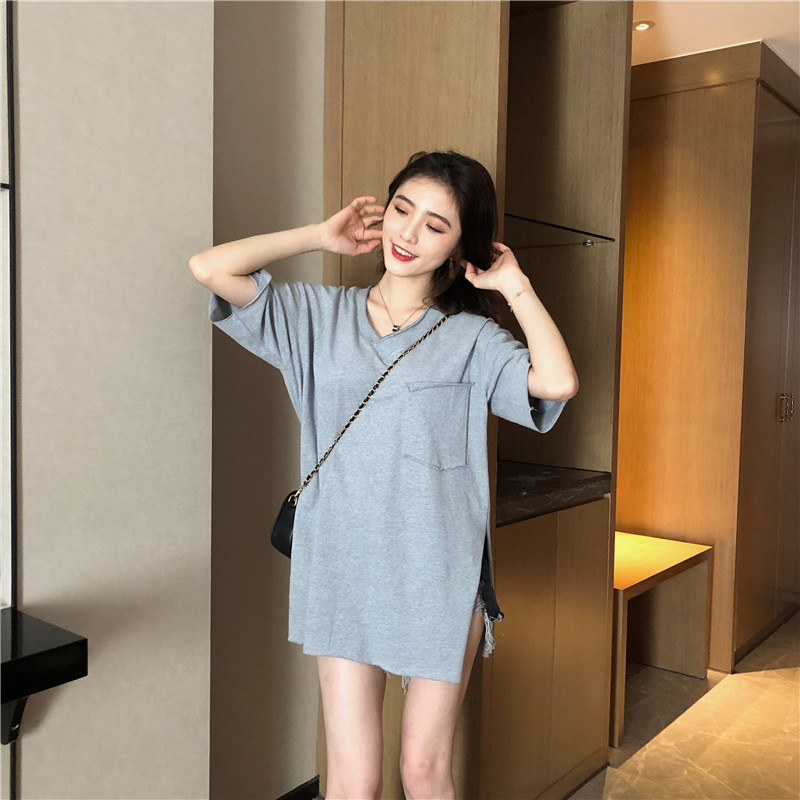 Lazy pure tops split T-shirt for women