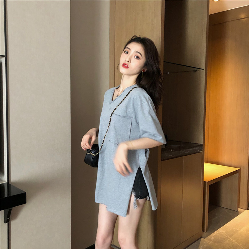 Lazy pure tops split T-shirt for women