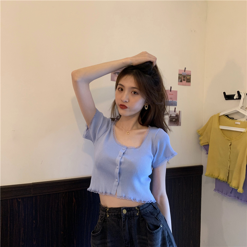 Knitted France style short sleeve lace cardigan