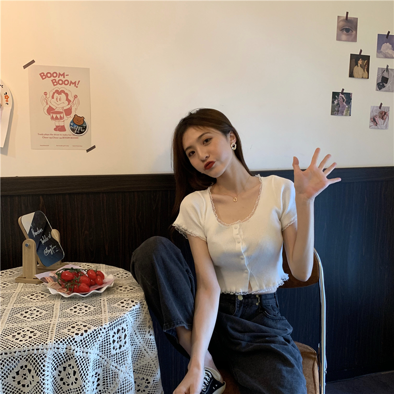 Knitted France style short sleeve lace cardigan