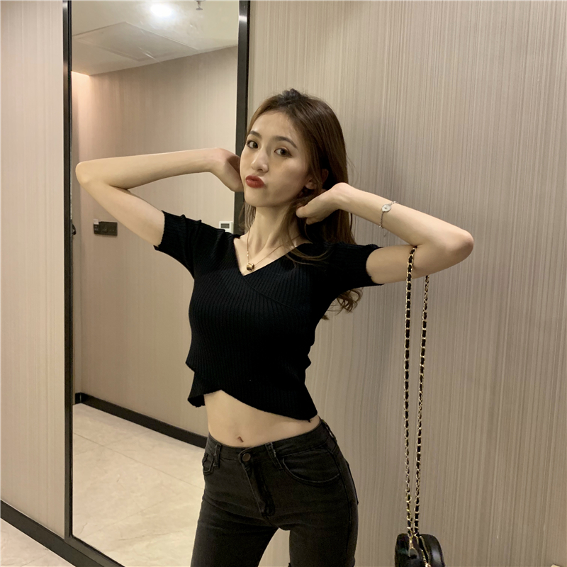 Cross Korean style short sweater tight slim tops