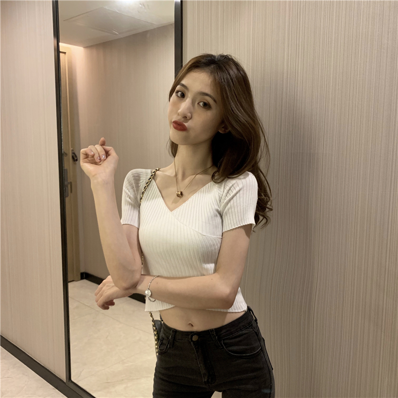 Cross Korean style short sweater tight slim tops