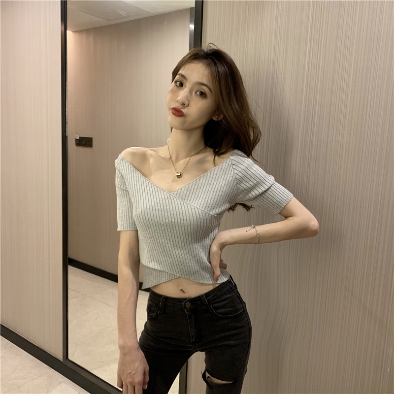 Cross Korean style short sweater tight slim tops