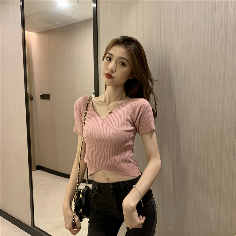 Cross Korean style short sweater tight slim tops