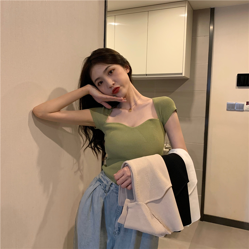Slim France style sweater square collar tops