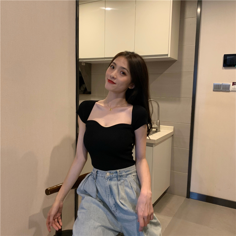 Slim France style sweater square collar tops