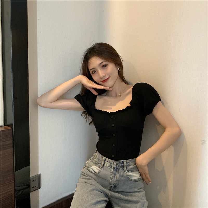 Slim tight V-neck tops flat shoulder sweet T-shirt