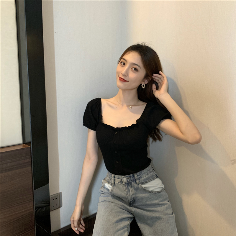Slim tight V-neck tops flat shoulder sweet T-shirt