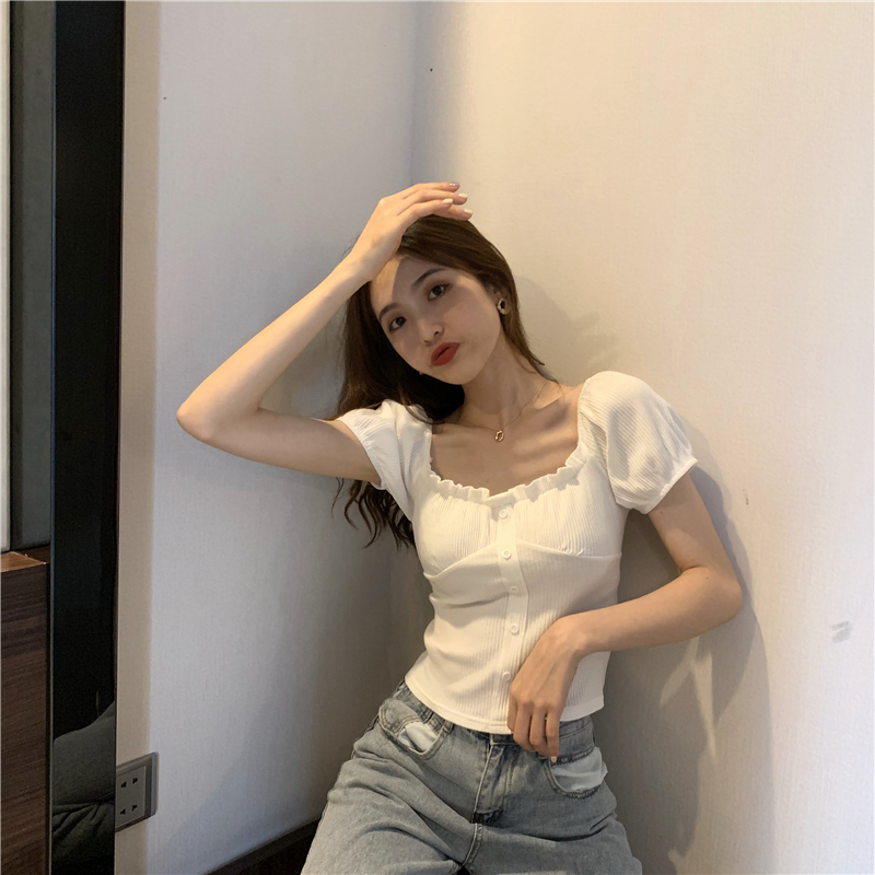 Slim tight V-neck tops flat shoulder sweet T-shirt